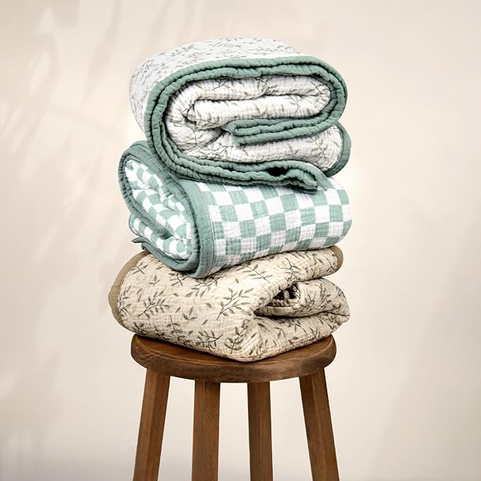 lulumoon Baby Muslin Blanket Neutral: Skin-Friendly Leaf Toddler Blanket - Ideal for Stroller 47"× 47" (Green Branches)