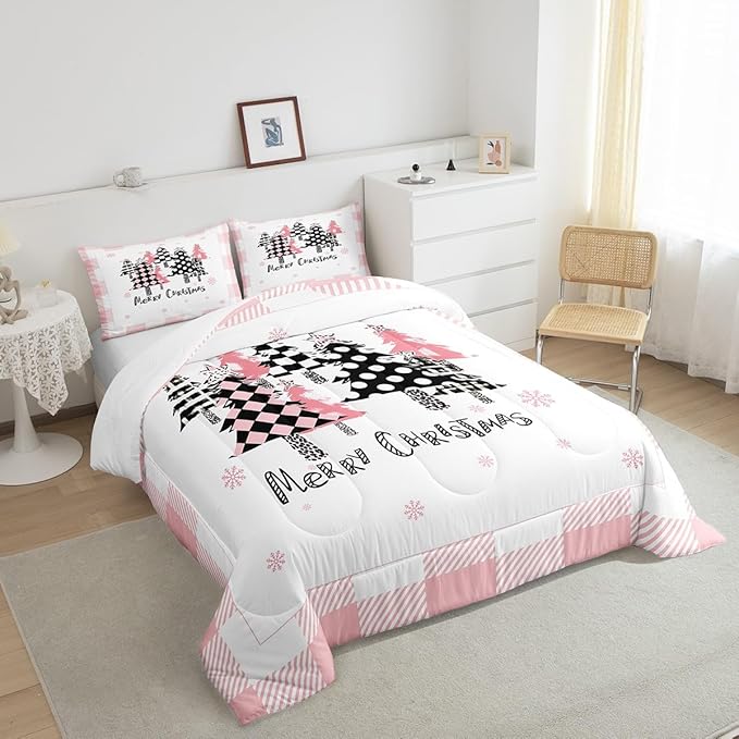 Manfei Merry Christmas Comforter Set King Size, Pink Plaid Xmas Trees Bedding Set 3pcs, New Year Cartoon Down Comforter for All Season, Kids Girls Santa Claus Bedroom Decor, 2 Pillowcases, No Sheets