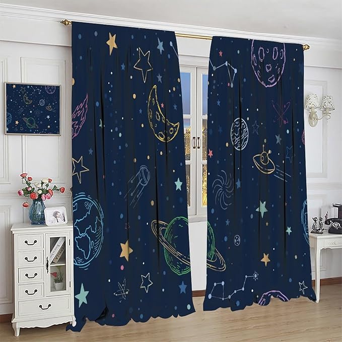 Navy Blue Space Curtains, Cartoon Outer Space Stars Planets Theme Galaxy Curtains for Kids Teens Bedroom Nursery Toddlers Room Decor 42" W X 45" L