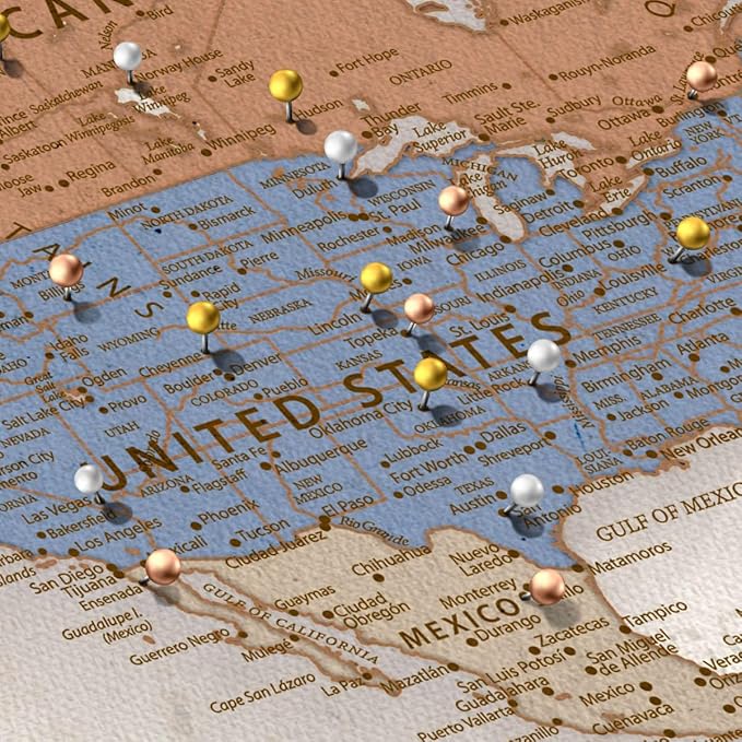ElephantStock - Personalized Journey V Push Pin World Map Wall Art - Horizontal Canvas Wall Art - Living Room Wall Decor - Digital Art Map Canvas Art - Beige And Orange Decor - 30" x 20"