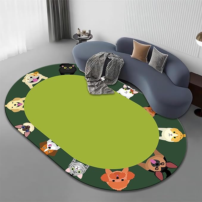 Cat and Dog Kids Area Rug, 4x6ft, Children's Pet Print Oval Rugs, Children's Educational Learning Animal Play Mat for School Classroom, Non-Slip Washable Green Carpet for Nursery Bedroom