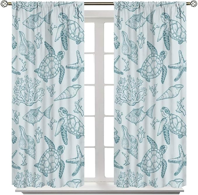 Turtle Starfish Curtains,Coral Starfish Seashell Beach Sea Seashell Theme Pattern Blackout Print Home Bedroom Living Room Window Treatmen 2 Panel Set 72x63 Inch