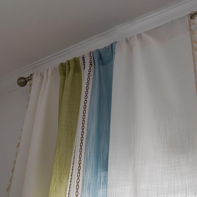 Deeprove Boho Linen Curtains 96 inch Long for Bedroom Living Room, French Retro Farmhouse Tassels Window Treatment Bohemian Embroidery Drape Rod Pocket 1 Panel 52" W x 96" L, Blue and Sage Green