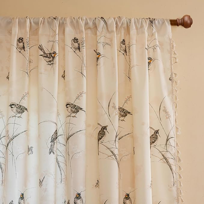 ENJOYBRIDAL Bird Patterned Curtains 63 Inch Long Semi Sheer Living Room Drapes Floral Bedroom Printed Short Window Curtain Panels Boho 2 Panels Farmhouse Botanical Rod Pocket Window Treatments