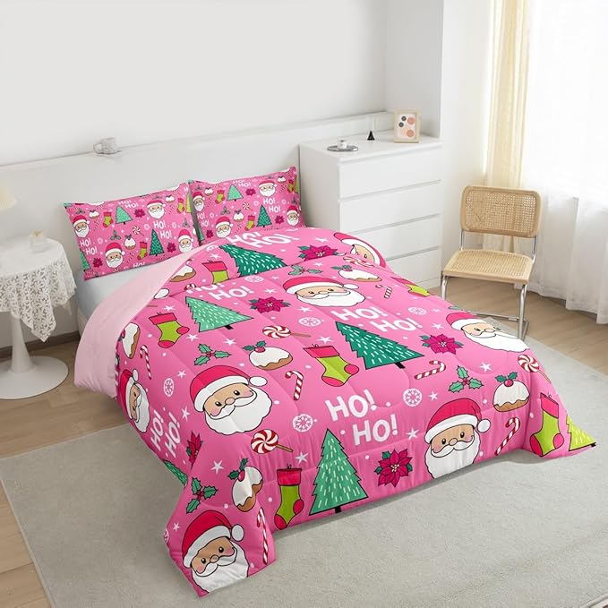 Feelyou Pink Merry Christmas Comforter Set All Season Santa Claus Bedding Set with 2 Pillow Cases Xmas Microfiber Kids Queen Bedclothes Happy New Year Bedroom Decor Duvet Quilt Soft Lightweight