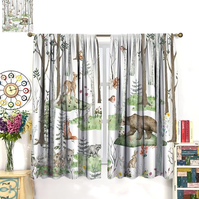 YCness Woodland Animals Curtains, Wild Animals Watercolor Forest Bear Deer Fox Rabbit Floral Nature Window Treatments for Bedroom Kitchen Nursery Living Room Drapes, 63x63 Inch