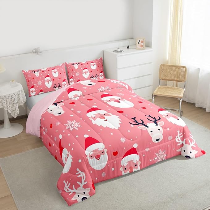 Feelyou Christmas Comforter Set All Season Santa Deer Bedding Set with 1 Pillow Cases Snowflake Microfiber Kids Toddler Bedclothes Bedroom Decor Duvet Quilt Breathable Soft Lightweight
