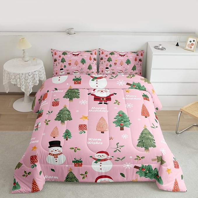 Feelyou Pink Christmas Comforter Set Queen Size Snowman Bedding Set for Kids Boys Girls Xmas Tree Duvet Quilt Bedroom Decor Microfiber 3 Pcs with 2 Pillow Cases