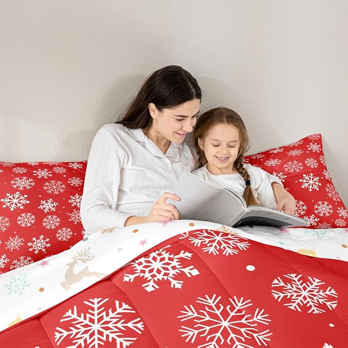 Feelyou Christmas Comforter Set All Season Winter Snowflake Bedding Set with 2 Pillow Cases Xmas Festival Microfiber Kids Queen Bedclothes Snowflake Red Bedroom Decor Duvet Quilt Breathable Soft