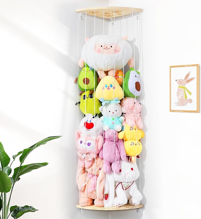 Corner Stuffed Animal Storage Net - Heigh Adjustable Wood Stuffed Animal Organizer - Large Wall Plush Holder Teddy Bear Storage for Bedroom Kids Room Nursery Decor