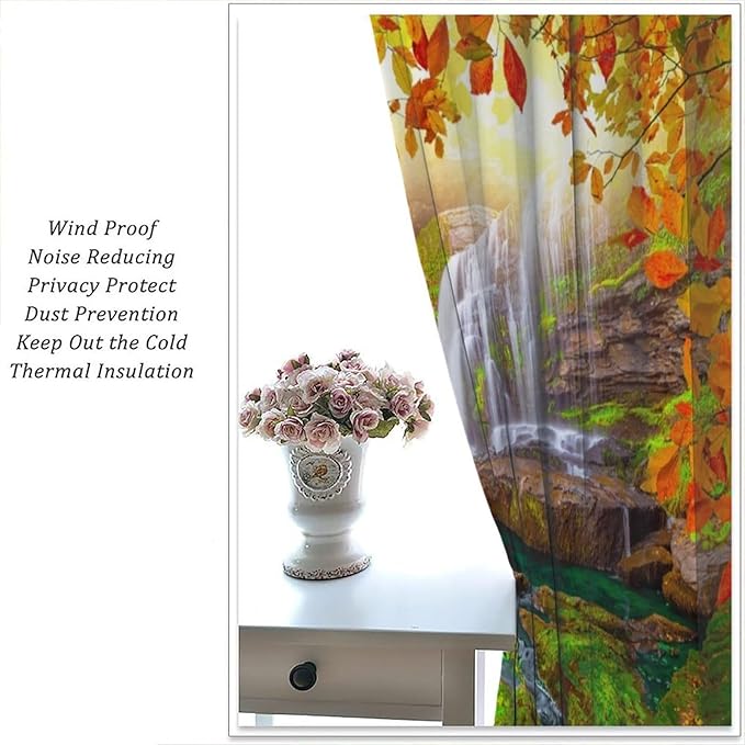 Waterfall Blackout Curtains, Waterfall Landscape Autumn Nature Leaves Forest Window Drapes, for Bedroom Living Room 84" W X 84" L