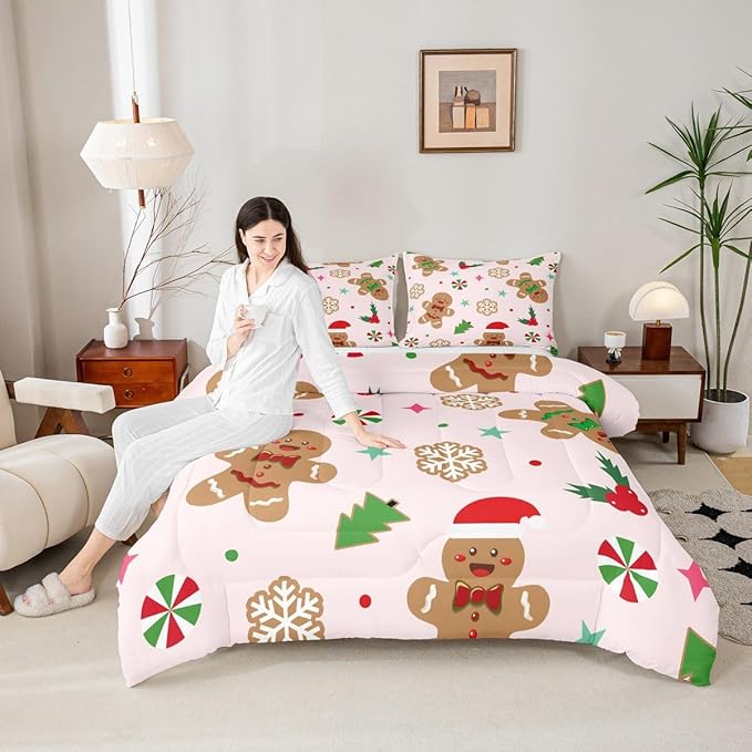 Feelyou Merry Christmas Kids Comforter Set Toddler Size Gingerbread Man Bedding Set Xmas Tree Duvet Quilt for Kids Boys Girls Bedroom Red Berries Snowflake Decor Microfiber Ultra Soft Breathable