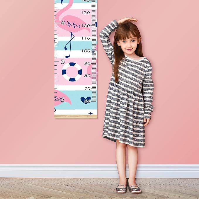 Personalized Kids Name Growth Chart Ruler for Wall Wood Frame Height Measure Chart 13.4x56 in Linen Hanging Height Growth Chart Pink Flamingos Anchor Nautical Kids Room Decor