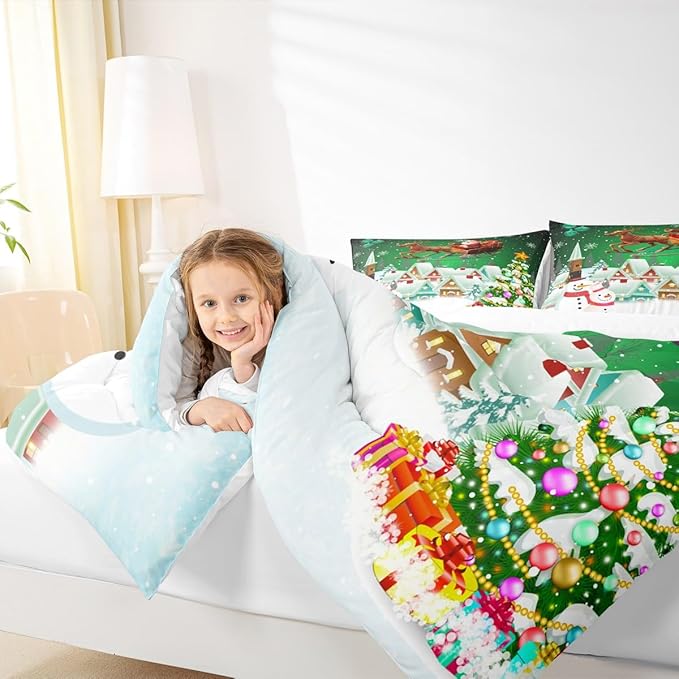 Manfei Christmas Comforter Set Twin Size, Snowman Xmas Tree Quilt Set with 1 Pillowcase, Santa Claus with Deer Bedding Set 2pcs for Kids Boys Girls Room Decor New Year Theme Duvet Insert