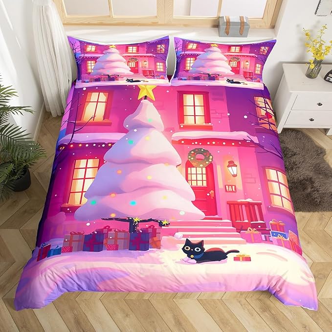 Feelyou Cute Christmas Comforter Cover Set - Tree Bedding Set Queen Size for Kids Boys Girls Bedroom Decor - Xmas Duvet Cover Merry Christmas Bedspread, No Comforter