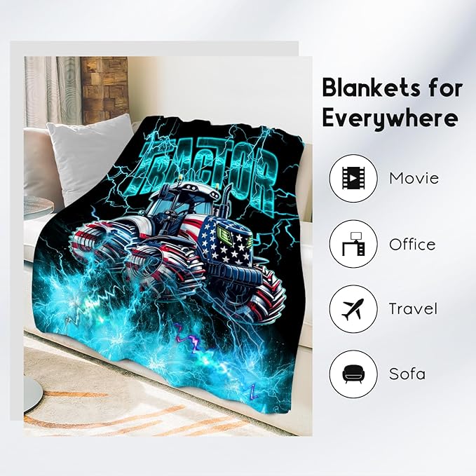 Kids Blanket Tractor Blankets Gifts for Toddler Boys Teens, 60"x80" Fleece Soft Cozy Car Theme Throw for Bed Living Room
