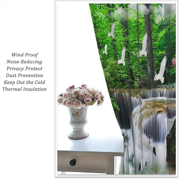 Nature Blackout Curtain, Waterfall Landscape Forest Swan Fish Pattern Rod Pocket Window Drapes, for Bedroom Living Room 52" W X 84" L