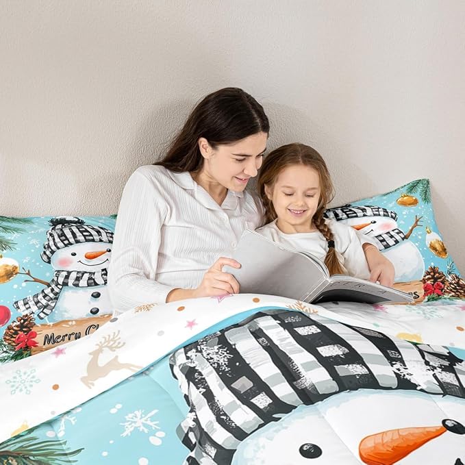 Feelyou Merry Christmas Comforter Set Full Size Cute Snowman Bedding Set for Kids Boys Girls Snowflake Duvet Quilt Winter Bedroom Decor Microfiber 3 Pcs with 2 Pillow Cases