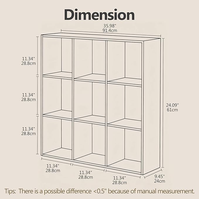 Bookshelf 9-Cube Storage Organizer, Sturdy Wooden Bookcase with Closed Back Panel, Multipurpose Display Shelf for Home Office, Bedroom, Study, 35.98" L x 9.45" W x 35.91" H, Natural Wood