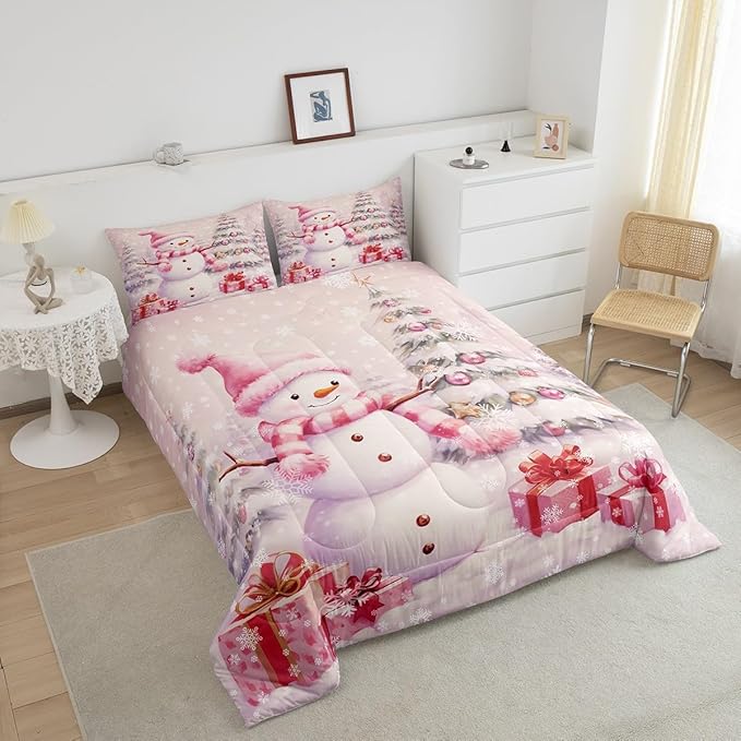 Castle Fairy Merry Christmas Bed Comforter Set Queen Size,Xmas Tree Gift Super Soft Microfiber Bedding Set for Adults Men,Pink Christmas Snowman Decorative Comforter Set,3 Pcs