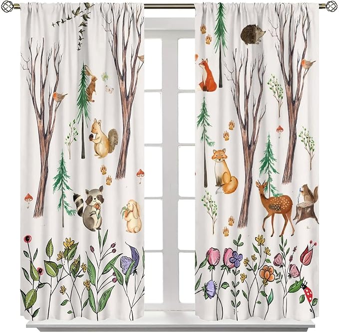 Forest Animal Kids Curtains, Watercolor Cartoon Window Treatments, Cute Animal Floral Girl Toddler Home Bedroom Living Room Drapes 72x63in