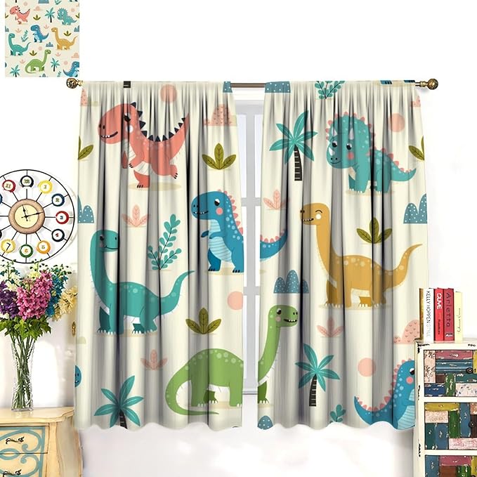 Fun Dino Curtains, Cute Colorful Dinosaur Pattern Blackout Window Treatments, Rod Pocket Thermal Insulated Drapes 2 Panel Sets for Children Boys Bedroom Nursery Classroom, 84" W X 84" L