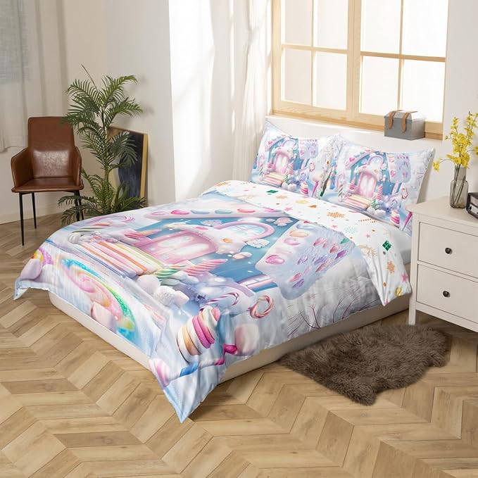 Manfei Christmas Kids Duvet Cover Set Queen Size, Cute Candy Cabin Xmas Bedding Set for Boys Girls Room Decor, New Year Winter Comforter Cover, Soft Polyester Quilt Cover, 2 Pillowcases, No Comforter