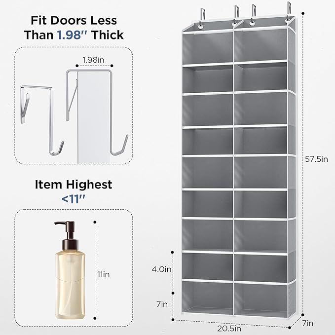 5-Tier Over The Door Organizer with 10 Side Mesh Pockets & Clear Windows, 80 lb Weight Capacity Hanging Storage for Bathroom, Bedroom, Nursery, Kitchen, Organizer Toys (Grey Clear wind 2 Pack)