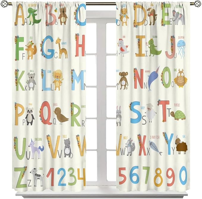 Kids Alphabet Curtains Funny Letter Education Cute Cartoon Animal Printed Curtain with Rod Pocket for Bedroom Living Room Home Decor Drapes Window Treatments 2 Panels Set 72" W X 63" L