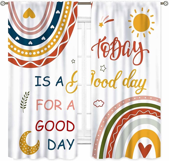 Rainbow Curtains for Classroom, Kids Girls Baby Boho Cute Inspirational Motivational Quotes Cartoon Colorful Pastel Nursery Classroom Bedroom Living Room Bathroom Window Drapes 2 Panels, 42"x45" Inch