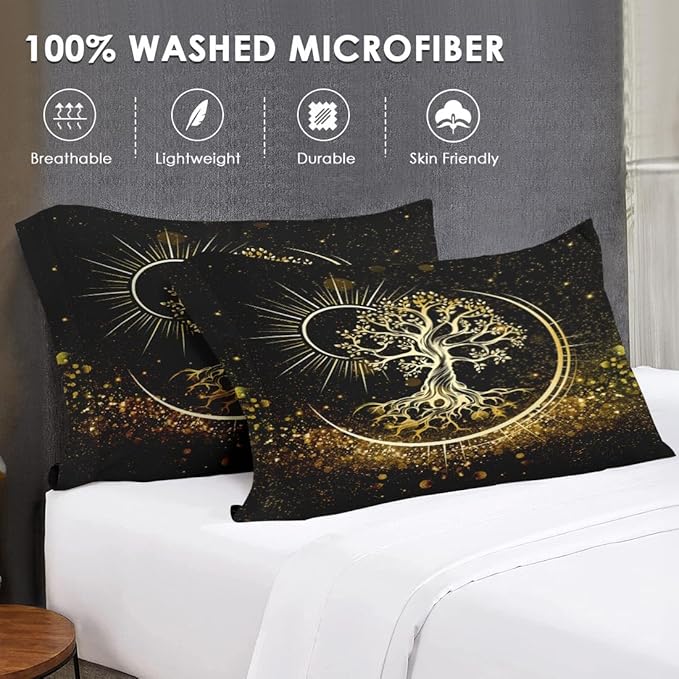 7 Pcs King Size Comforter Set with 2 Pillowcases & 2 Shams, Black Sun and Moon Bedding for Kids and Adults, Nature Tree of Life Bed in a Bag with Flat Fitted Sheet