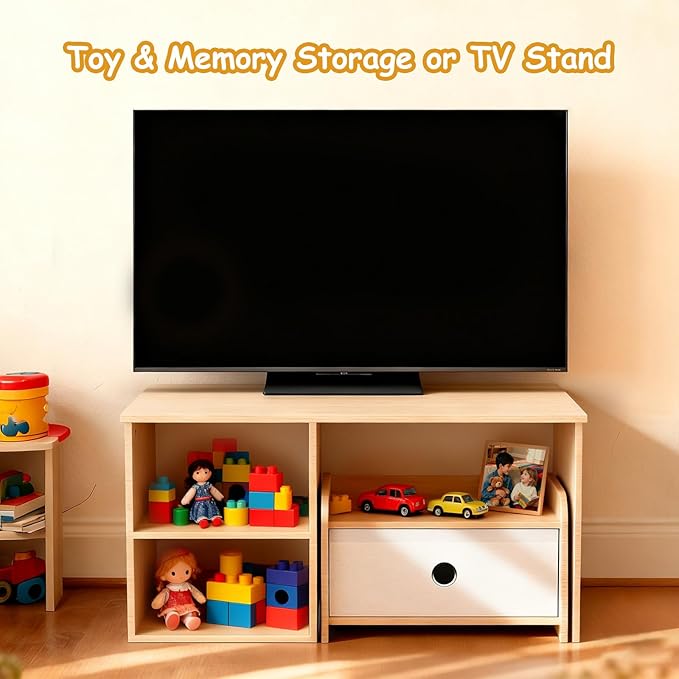 Kids Bookshelf with Bench, Toddler Table with Reading Nook, Montessori Shelf with Fabric Drawer, Toy Organizers and Storage for Kids Rooms, Nursery, Playroom, Bedroom, Natural