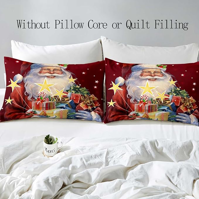 LUVIVIHOME 3PCS Christmas Santa Duvet Cover Full Bedding Set, Boys Girls Kids Bedding, Winter Holiday New Year Xmas Gifts Red Christmas Comforter Bedspread Quilt Cover, Bed in a Bag, 2 Pillow Shams