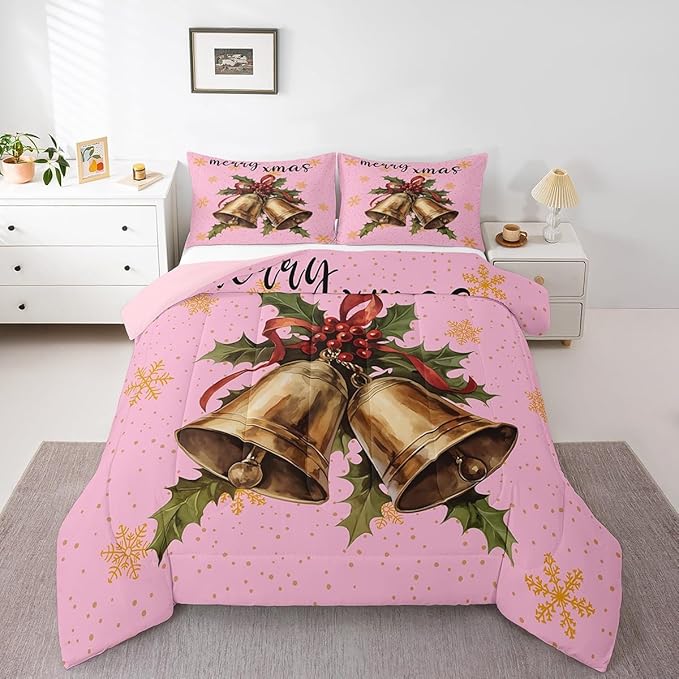 Erosebridal Merry Xmas Kids Comforter Sets Christmas Bell Toddler Bedding Sets for Girls Happy New Year Theme Down Comforter for Boys Teens Snowflake Quilt Set,Pink