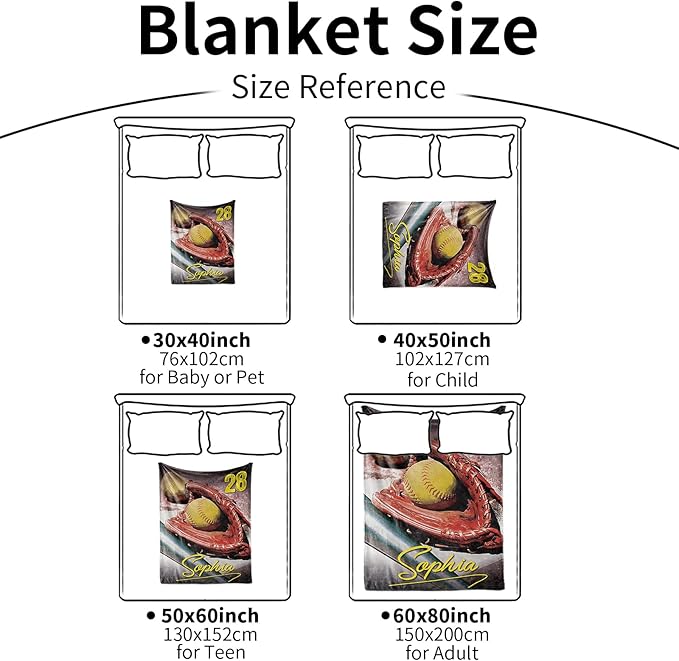 Baby Kids Personalized Baseball Blanket - Custom Name and Number - Soft Warm and Fluffy Flannel Fabric Gift for Sports Lovers 60x80inch