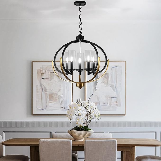 WJShome 5-Light Black and Gold Chandelier, 24" Farmhouse Dining Room Light Fixture, Adjustable Hanging Ceiling Lantern Pendant Light, with Glass Shade Globe Chandeliers, for Kitchen, Bedroom, Foyer