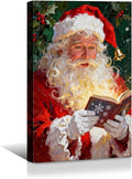 YONICA Christmas Canvas Wall Art Reading Santa 18x24 Inch Oil Painting with Glowing Book and Holly - Large Framed Gallery Wrapped Library Decor