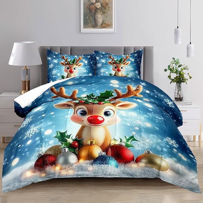 Raphus cucullatus Christmas Bedding Full,Reindeer Christmas Decor Comforter Set,Holiday Bedding Winter Quilt,Snowflake Navidad Comforter Set Full,Cute red Nose Reindeer Quilt