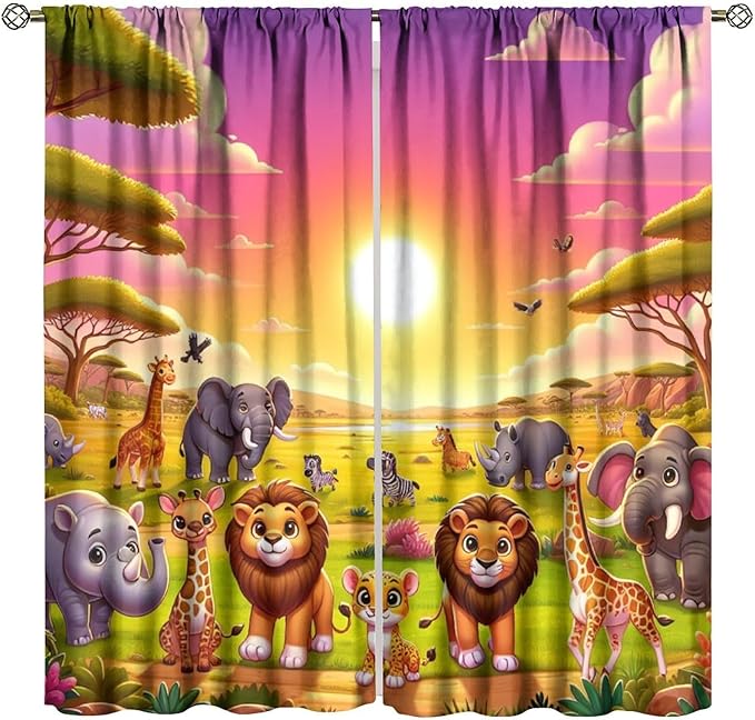 West Animal Curtains Kids Boys Girls Window Treatment Africa Cartoon Animals Lion Elephant Giraffe for Nursery Baby Bedroom Playroom Decor Window Drapes 52" W X 84" L