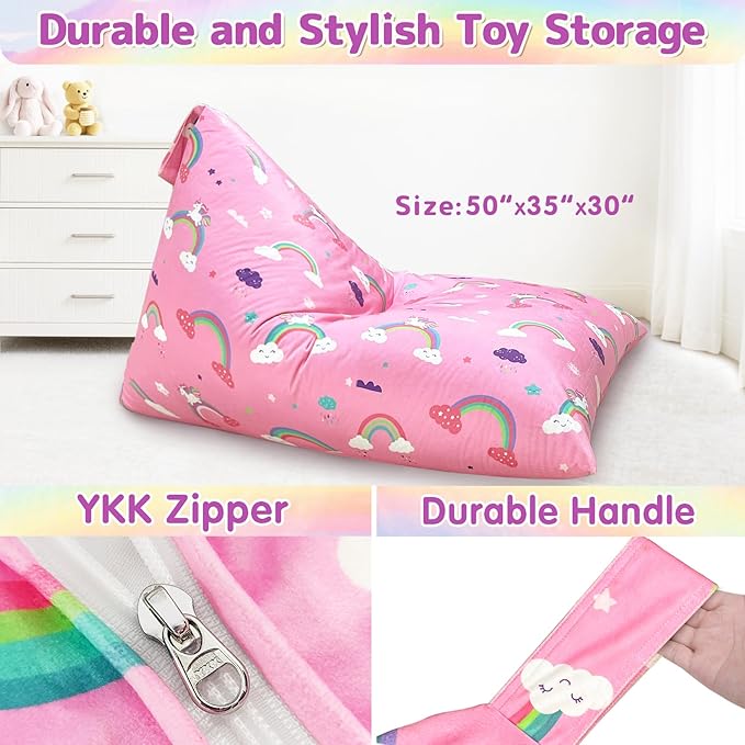 Jorbest Unicorns Stuffed Animal Storage Bean Bag Chair for Kids and Adults, Unicorns Rainbow Bean Bag Stuffed Animal Storage, Luxury Velvet Stuffie Seat - Cover ONLY (200 L/52 Gal, Rainbow)