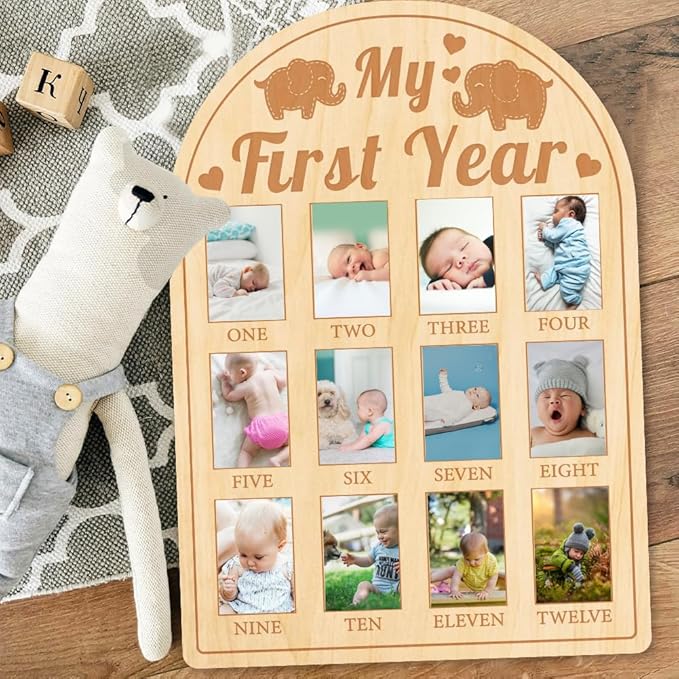 ORIGACH My First Year Baby Growth Photo Display Wood Board - 12 Months Newborn Milestones Photo Board - Neutral Baby Keepsake Frame 1st Birthday Party Nursery Decor New Mom Gift - Elephant