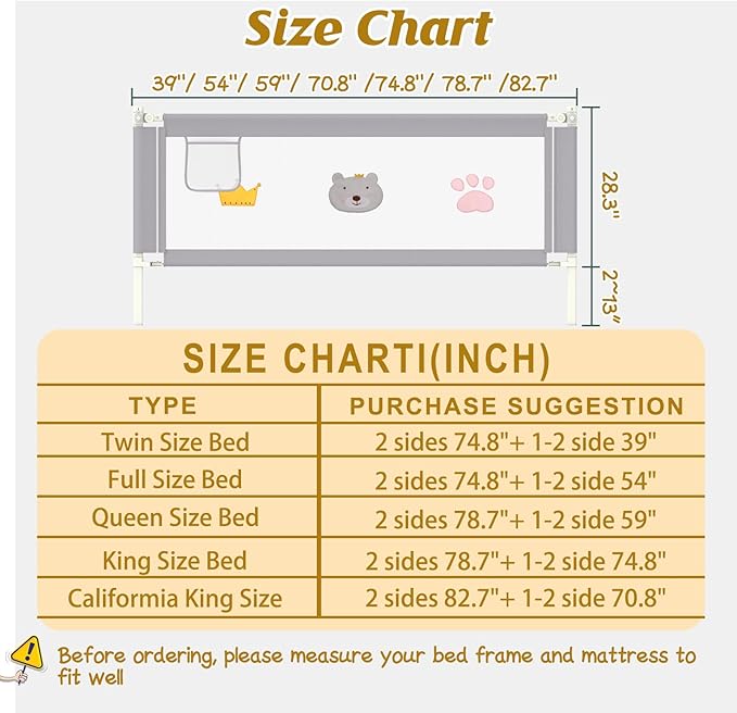 Height Adjustable Bed Rail for Toddlers, Kids Safety Baby Bed Rail for Twin/Full/King/Queen Size Bed (1 Side, 59 Inch)