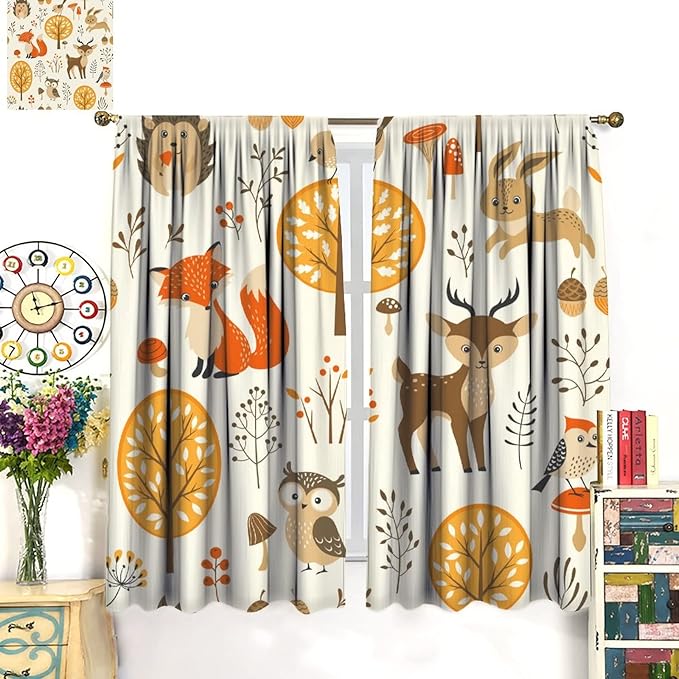 Kids Forest Animal Curtains,Baby Bedroom Window Treatments, Cartoon Watercolor Forest Animal Lion Boys Girls Children Bedroom Drapes 42x54 Inch