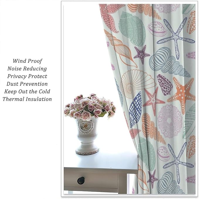 Coastal Nautical Curtains,Colorful Starfish Seashell Beach Sea Starfish Seashell Theme Pattern Blackout Print Home Bedroom Living Room Window Treatmen 2 Panel Set 42x63 Inch