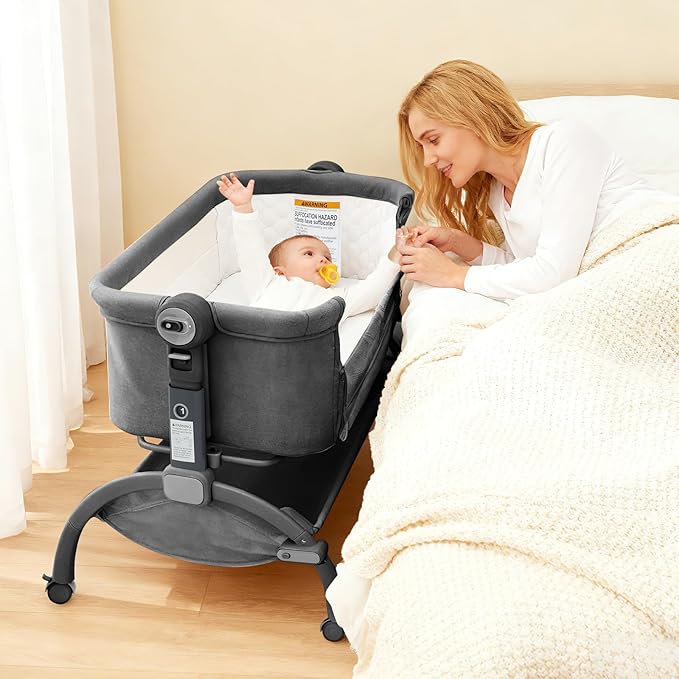 Bedside Bassinet Baby Bassinet, 3 in 1 Bedside Sleeper with Baby Co-Sleeper Travel Crib with Detachable Mosquito Net & Storage Basket | Adjustable Height, Wheels Included