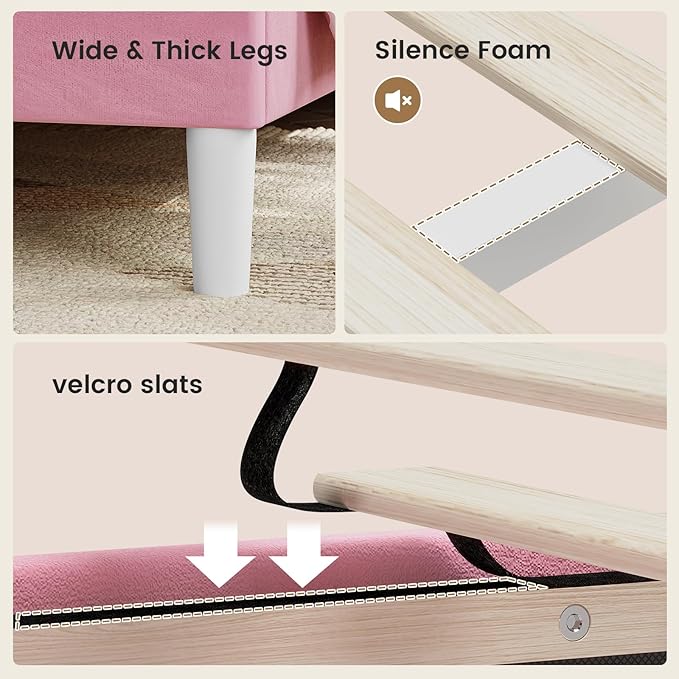 ADORNEVE Full Bed Frame with LED Lights, Princess Velvet Upholstered Platform Bed for Girls, Headboard with Charging Station & Guardrail & Crystal Button, No Box Spring Needed,Pink