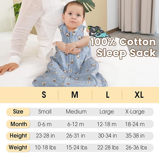 PHF Soft Baby Sleep Sack 12-18 Months 100% Organic Cotton Wearable Blanket, 2-Way Zipper 0.5 TOG Toddler Sleeping Sack 3 Pack, Comfy Sleep Bag for Baby Boys Girls, Pets Dogs (Large)