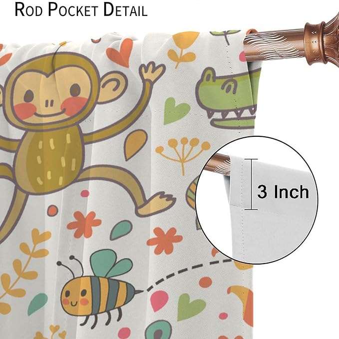 Cute Monkeys Curtains, Zoo Theme Cartoon Funny Animals Crocodile Giraffe Turtle with Flowers Print Thermal Insulation Window Drapes for Kids Boys Girls Baby Bedroom Living Room 63x72in