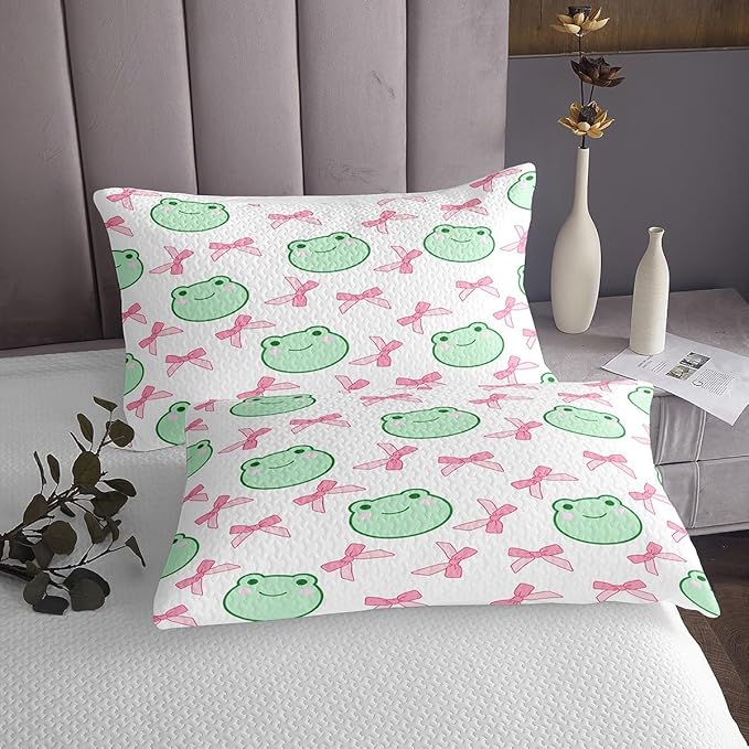 Manfei Pink Bowknot Bedspread Queen Size,Cartoon Frog Bow Tie Butterfly Knot Princess Coverlet Set,Girls Women Room Decor,Geometric Patchwork Cute Quilted Coverlet,Sweet Bedding Quilt,2 Pillowcases