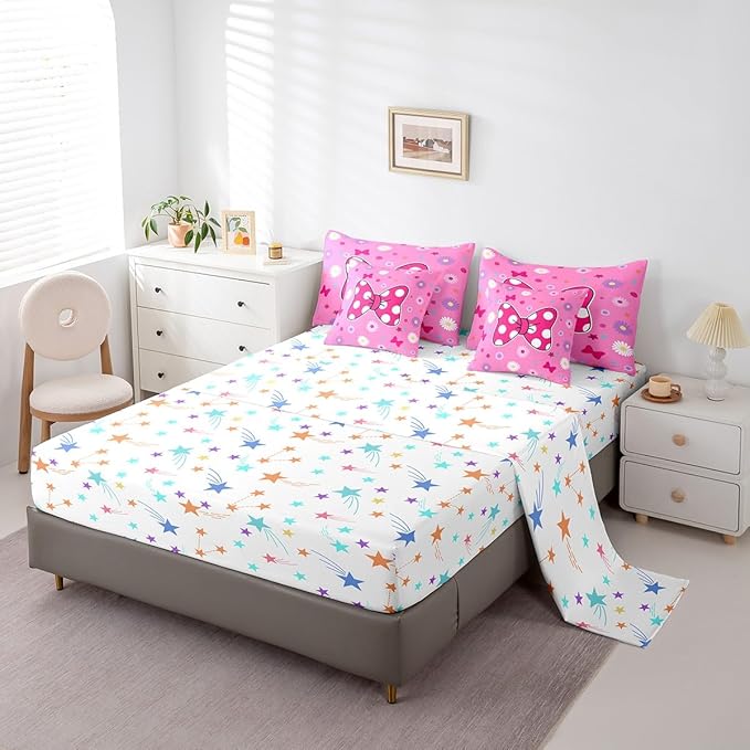 7 Pieces Pink Bowknot Kids Comforter Set Full,Daisy Flowers Geometric Dot Patchwork Bedding Set,Bow Tie Cute Princess Dreamy Chic（Comforter+Fitted+Flat Sheet+2 Pillowcases+2 Throw Pillow Covers）